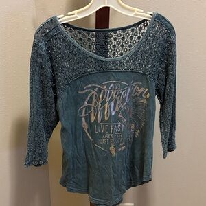 Affliction Women's Teal Graphic Long Sleeve Top